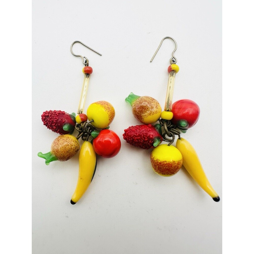 VINTAGE FRUIT SALAD CRYSTAL & ART GLASS DANGLING EARRINGS